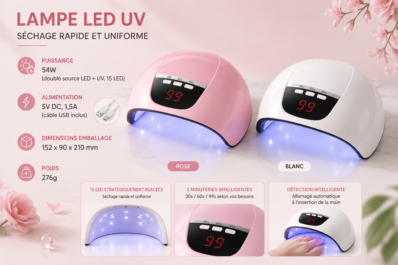 Lampe de séchage pour ongles 54 W avec capteur intelligent